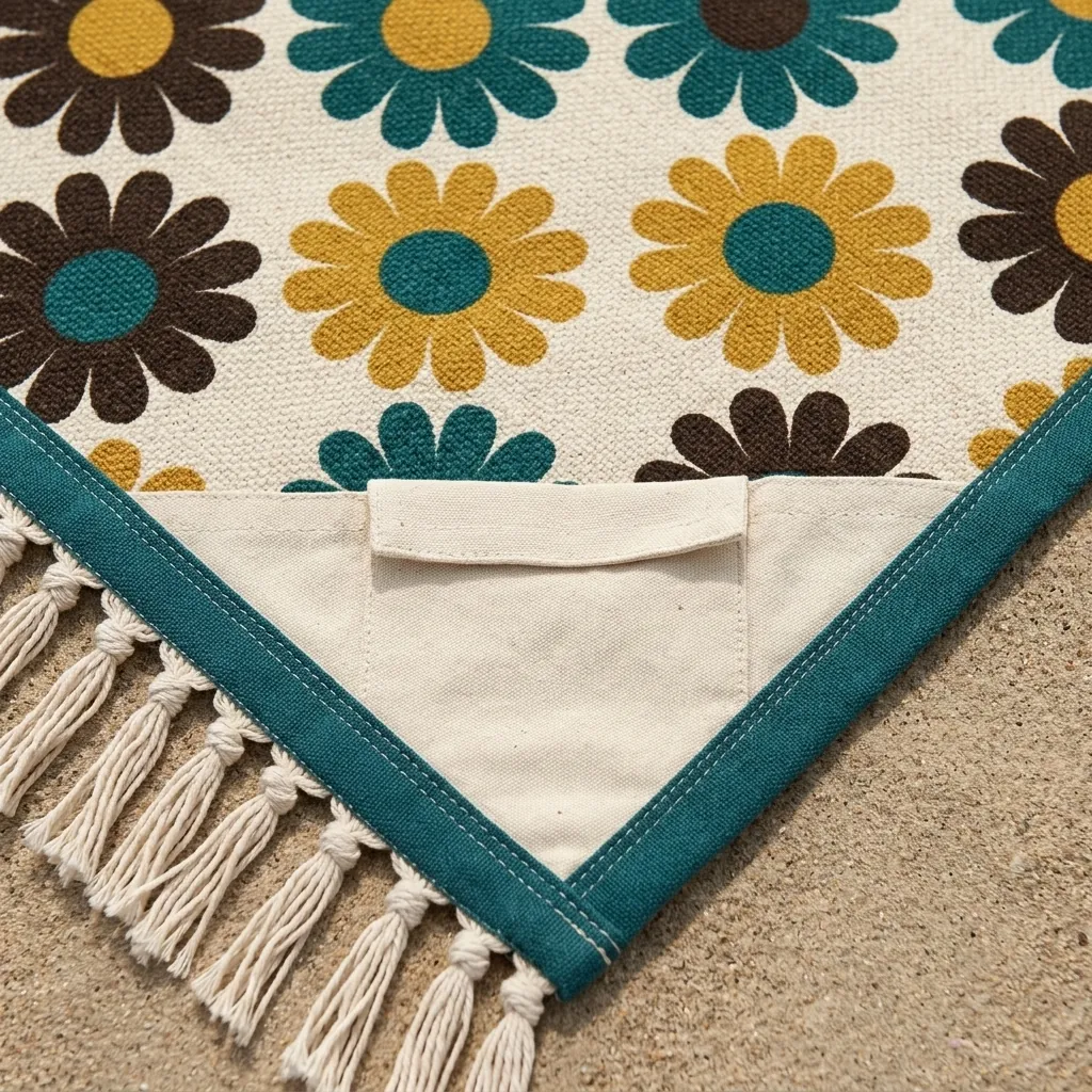 Bloom Fringe Blanket, close-up of the print and stitching