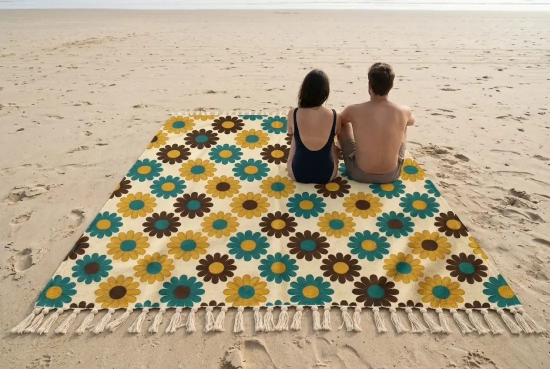 Bloom Fringe Blanket next to an adult for size