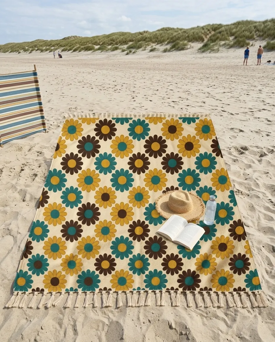 Bloom Fringe Blanket set up on the beach