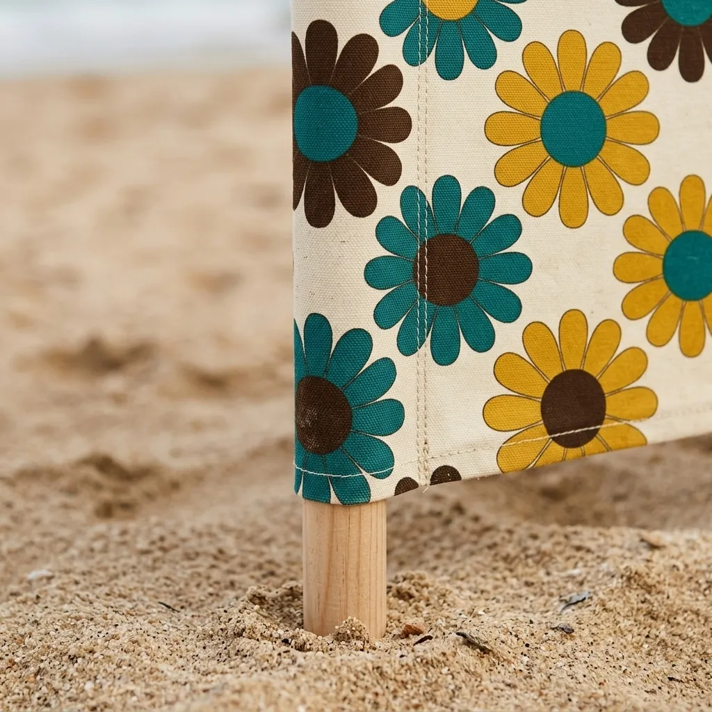 Bloom Windbreak, 4 Poles, close-up of the print and stitching