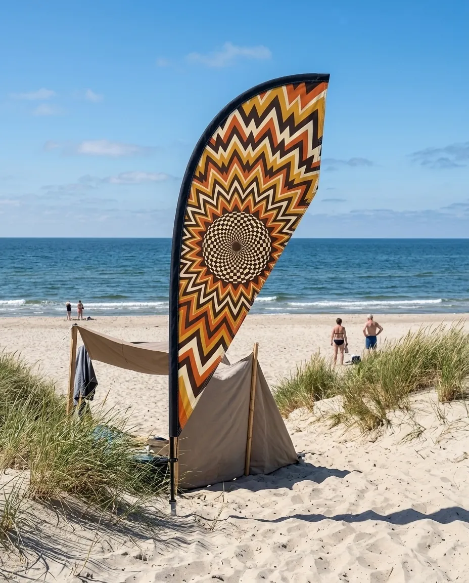 Helios Teardrop Flag set up on the beach