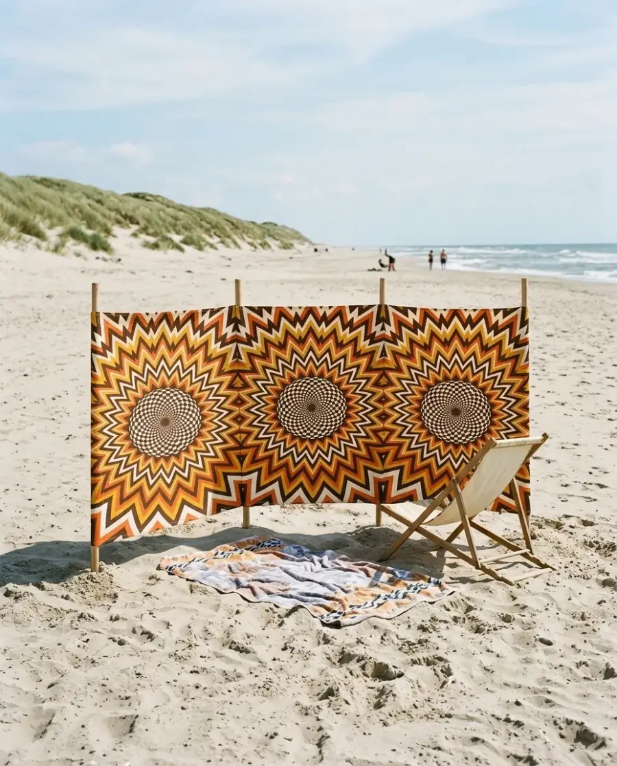 Helios Læskærm, 4 stænger stillet op på stranden