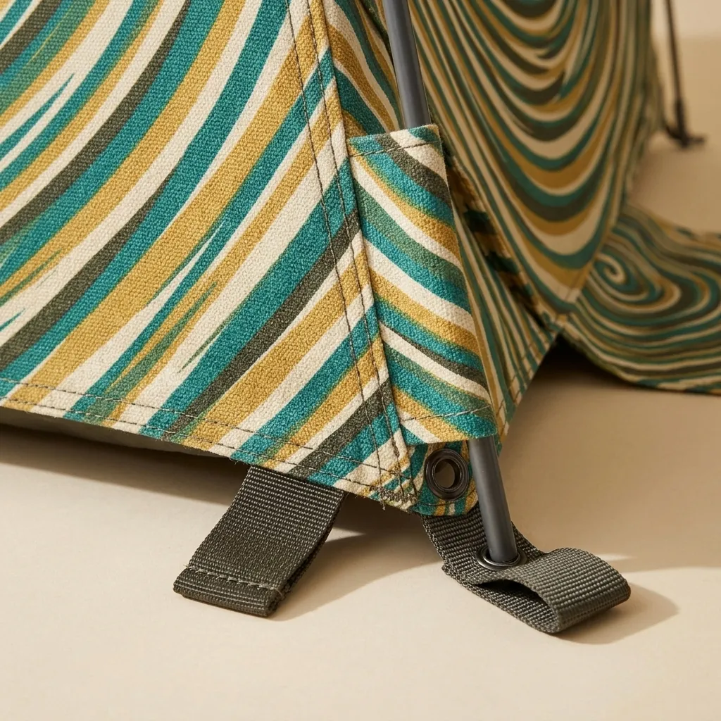 Ripple Beach Shelter, close-up of the print and stitching
