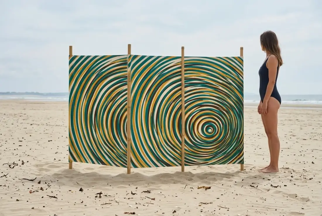 Ripple Windbreak, 4 Poles next to an adult for size