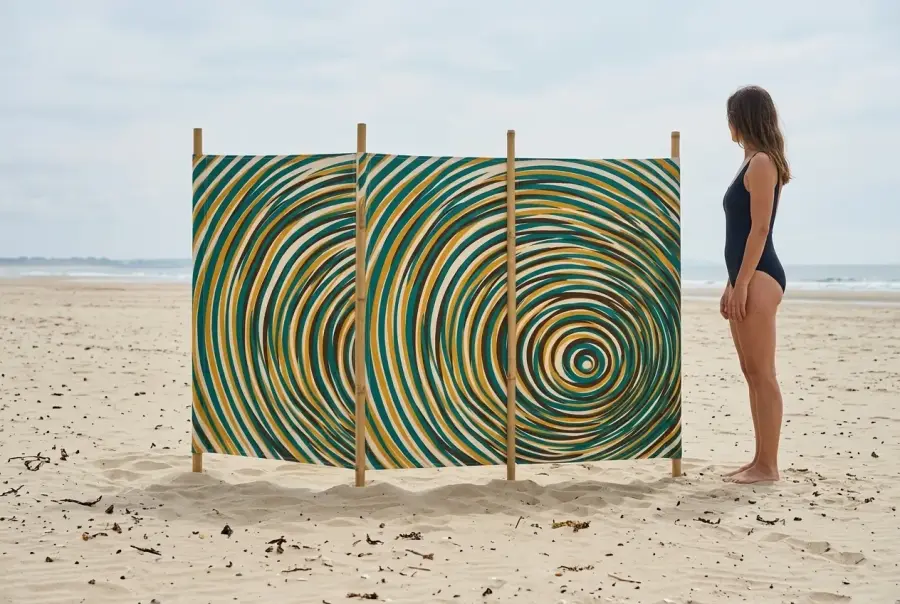 Ripple Windbreak, 4 Poles next to an adult for size