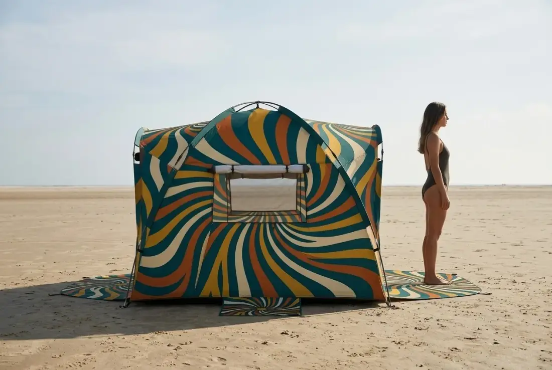 Spiral Dome Beach Tent next to an adult for size