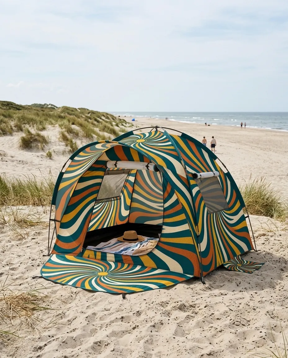 Spiral Dome Beach Tent set up on the beach