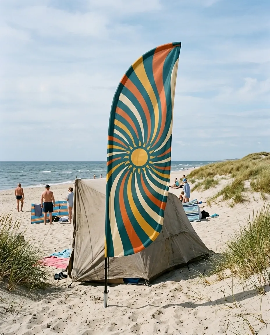 Spiral Feather Flag set up on the beach