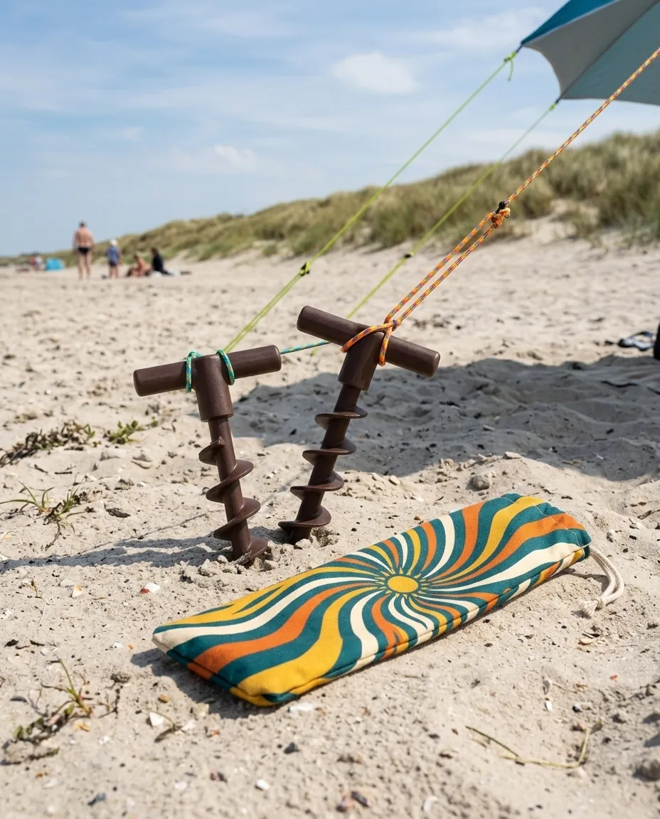 Spiral Sand Anchor Pair set up on the beach