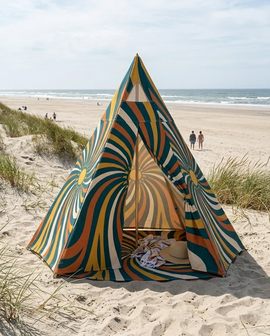 Spiral Tipi Shade set up on the beach