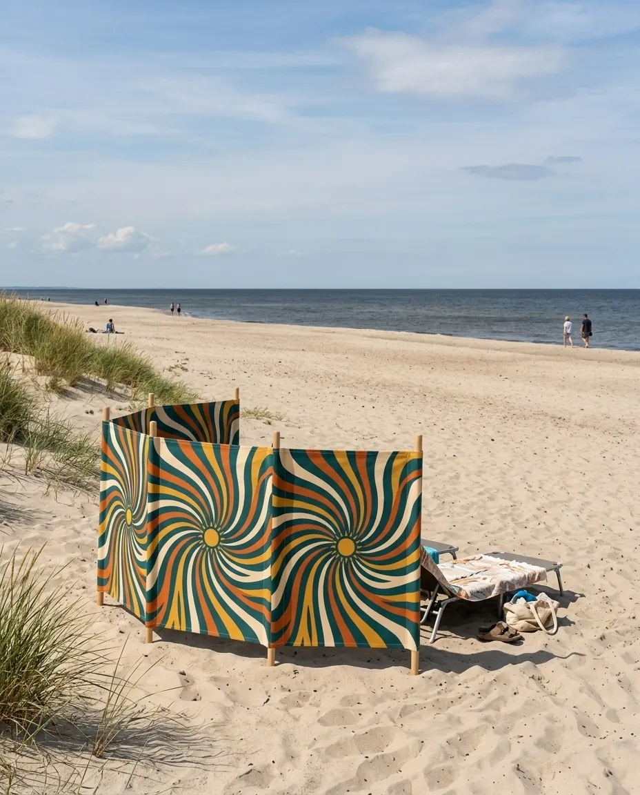 Spiral Windbreak, 4 Poles set up on the beach