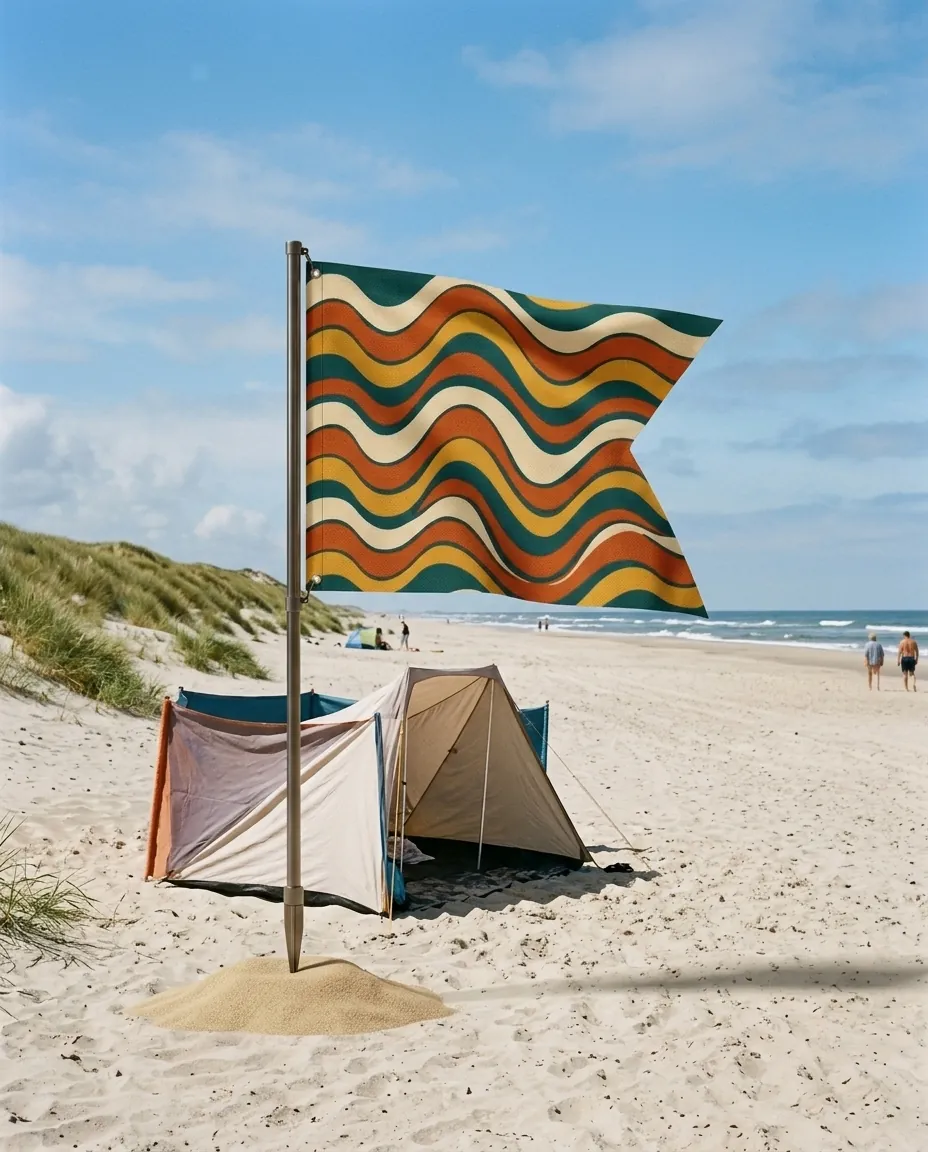 Swell Swallowtail Flag set up on the beach