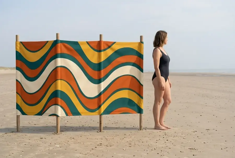 Swell Windbreak, 4 Poles next to an adult for size