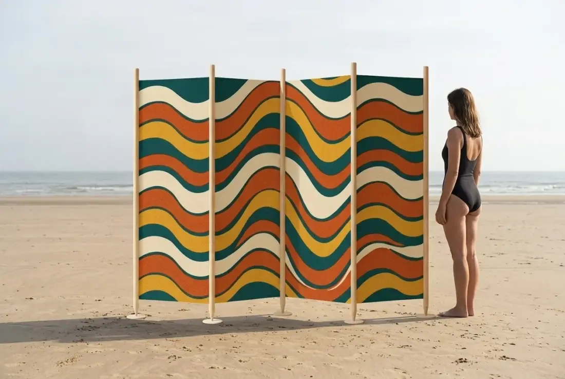 Swell Windbreak, 5 Poles next to an adult for size