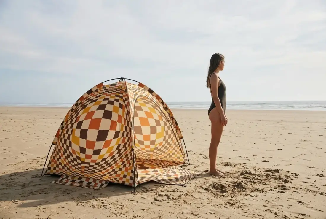 Warp Beach Shelter next to an adult for size