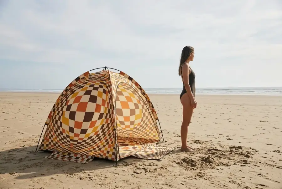 Warp Beach Shelter next to an adult for size