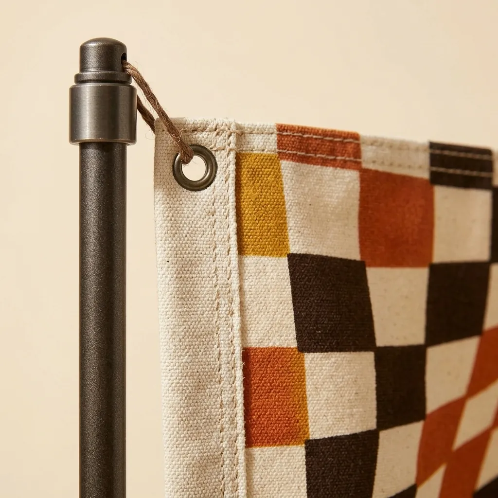 Warp Camp Flag, close-up of the print and stitching